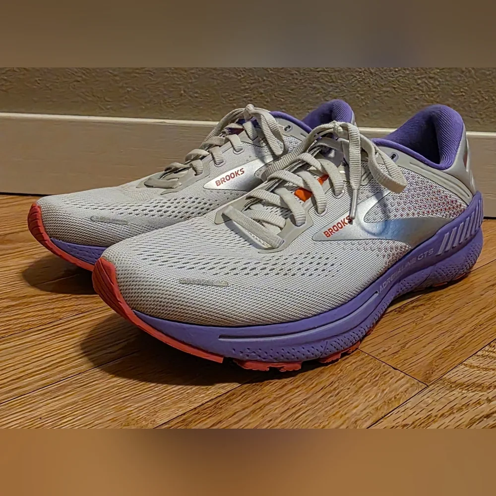 Brooks Women's 11 Adrenaline GTS 22 Running Shoes - Gray w Purple & Orange - Picture 1 of 10